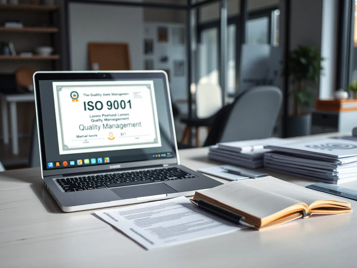 ISO 9001质量管理体系认证证书在办公桌上展示